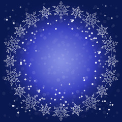 Vector Christmas illustration. Christmas round frame of snowflakes on a blue background with a simulation of falling snow.
