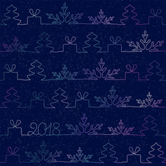 Vector seamless pattern. Christmas illustration of a colorful pattern of snowflakes, Christmas trees, gifts and the date 2018.
