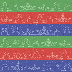 Vector seamless pattern. Christmas illustration of colorful stripes with a pattern of snowflakes, Christmas trees, gifts and the date 2018.