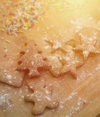 Close up on colorful gingerbread cookies with sun flare