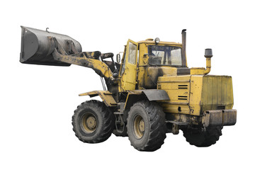 Yellow bulldozer with raised bucket isolated on white background