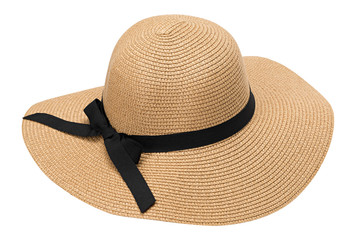 Womens summer yellow straw hat with the ribbon, isolated on white background