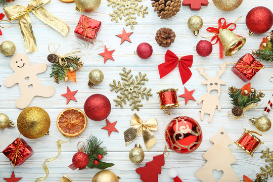 Christmas decorations on white wooden table