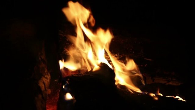 Camp fire at night, close up
