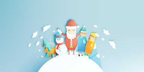Santa claus, snowman and reindeer in paper art style with snow and snowflake background