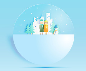 Obraz premium Cute Couple and Winter landscape with paper art style and pastel color scheme