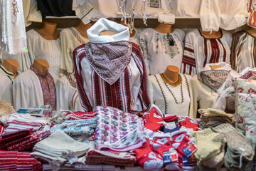 Traditional Romanian clothing being sold at the Sibiu Christmas market in Romania, 2017