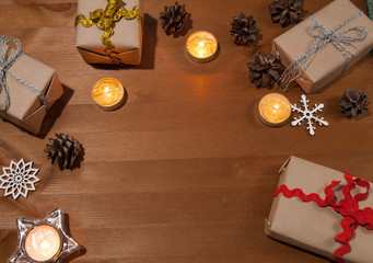 Christmas greeting card background; holidays composition on wood background with copy space for your text