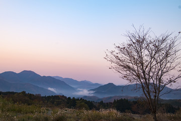 Obraz premium 高原の夜明け、朝日のグラデーションと雲海