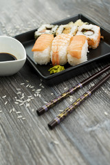 Set of sushi and chopsticks, traditional asian dishes.