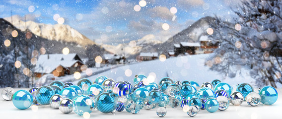 Fototapeta na wymiar Blue and white christmas baubles 3D rendering