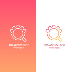 Logo of the seo agency. Magnifying glass with gear. Search and setup