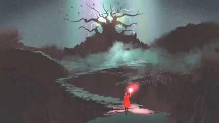 Keuken spatwand met foto het meisje in de rode kap met magische fakkel die op het bergpad loopt dat naar de fantasieboom leidt, digitale kunststijl, illustratie, schilderkunst © grandfailure