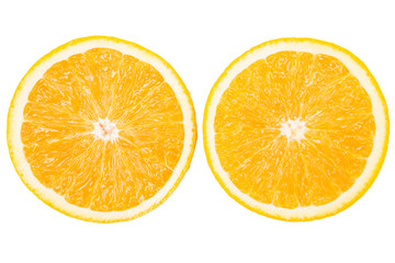 closeup two slice of fresh orange isolated on white background. with clipping path