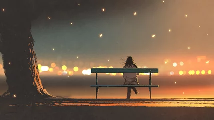Tafelkleed back view of young woman sitting on a bench with bokeh light, digital art style, illustration painting © grandfailure