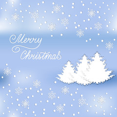 Winter Landscape with white fir trees, snow, snowflakes, lettering Merry Christmas on a blue background. Paper art style.Concept cards, invitations, packets. Happy New Year. Vector illustration EPS 10