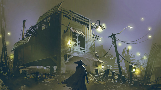 night scene of a man looking at the old house with junk all around, digital art style, illustration painting