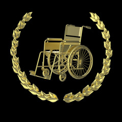 Naklejka premium shiny metal wheelchair surrounded with laurel wreath achievement badge rendering