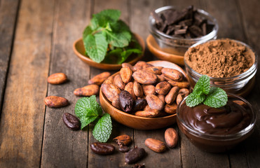 Cocoa beans and dark chocolate with mint