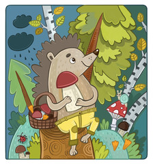 Ежик в лесу собирает грибы. 
Детская иллюстрация.