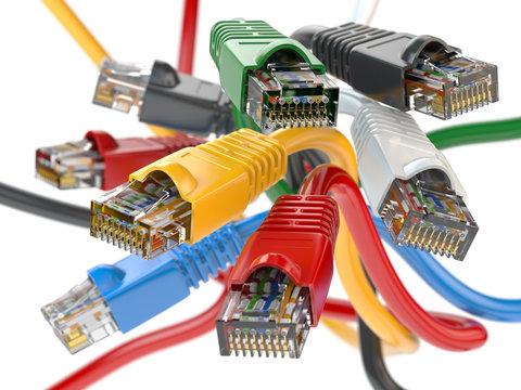 Computer network LAN cables rj45 of different colors.  Imternet connections choice concept.