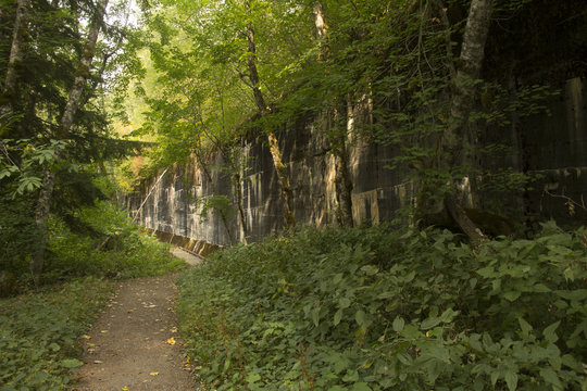 Forested hike along an abandoned railway with concrete snowsheds 