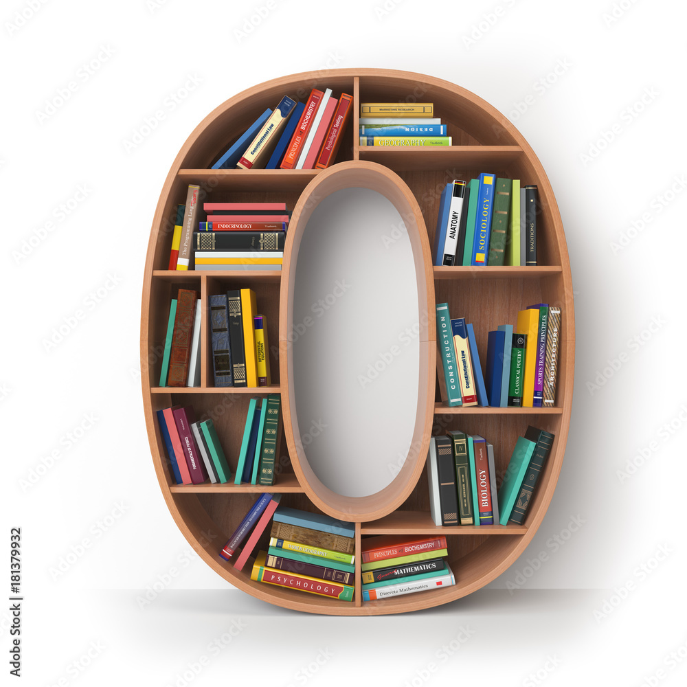 Poster number 0 zero. alphabet in the form of shelves with books isolated on white.