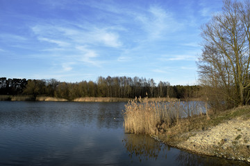 Winterlicher See mit blauen Himmel und Wolken, Wintry lake with blue sky and clouds