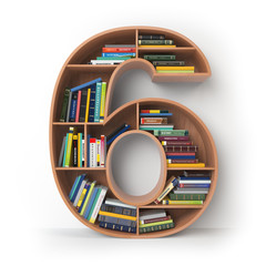 Number 6 six. Alphabet in the form of shelves with books isolated on white.