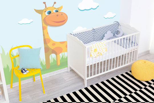 Modern interior design of baby room with crib