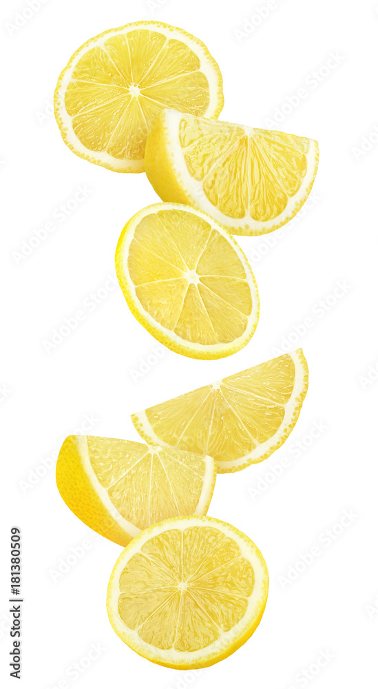 Wall mural isolated lemon slices in the air. cut lemon fruit falling isolated on white background with clipping