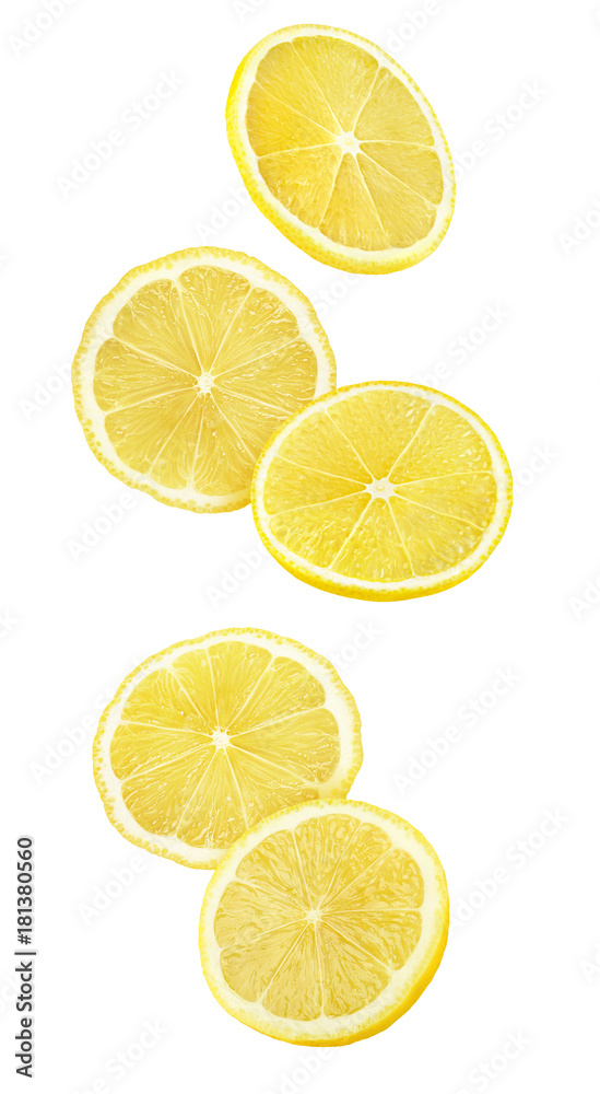 Poster isolated falling lemon pieces. slices of lemon in the air isolated on white background with clipping