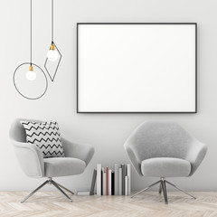 Mock up poster frame in scandinavian interior with light color wall and old parquet. 3d render