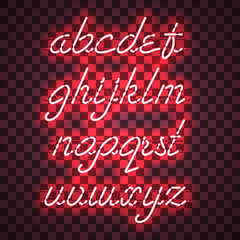 Glowing Red Neon Script Font with lowercase letters from A to Z with wires, tubes, brackets and holders. Shining and glowing neon effect. Vector illustration.