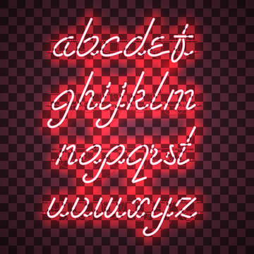 Glowing Red Neon Script Font with lowercase letters from A to Z with wires, tubes, brackets and holders. Shining and glowing neon effect. Vector illustration.