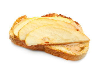Delicious toast with peanut butter and pear, isolated on white