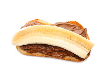Delicious toast with chocolate paste and banana, isolated on white