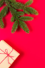 Christmas composition on red background. Green fir tree branch and present box