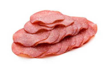 Salami slices isolated on white background.