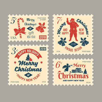 Merry Christmas and Happy New Year 2018 retro postage stamp with Santa Claus,