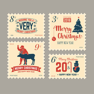 Merry Christmas and Happy New Year 2018 retro postage stamp with Santa Claus,