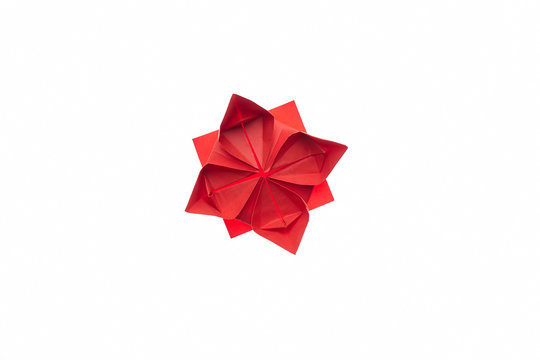 Lotus flower origami on white. Beautiful and simple model, folded red paper. Handmade ornaments, DIY, children's art.
