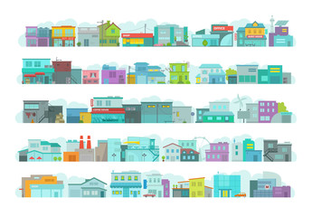 Set of architecture town buildings. City long street. Flat stock vector graphics. A lot of various details