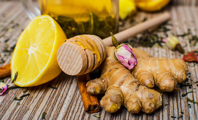 Hot winter tea with lemon, honey and ginger.