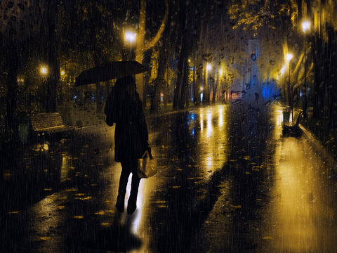 Girl At The Night City Lights During The Rain At The Evening