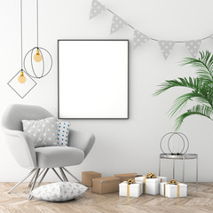 Mock up the christmas interior with xmas surroundings, 3d render