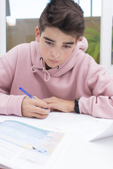 child writing on the home or school desk, students