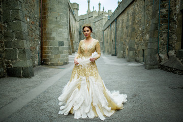 Beautiful woman is wearing princess dress with feathers in the magic castle © _chupacabra_