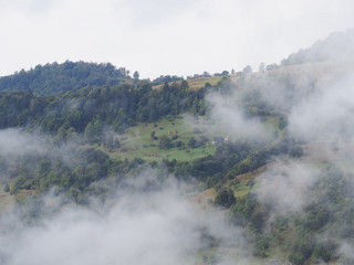 Fog at the village in the carpatian mountains