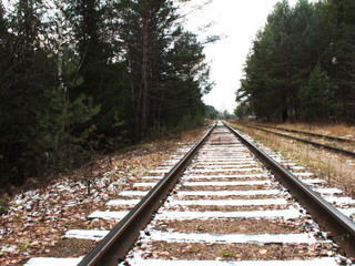 railway along the forest, the first snow